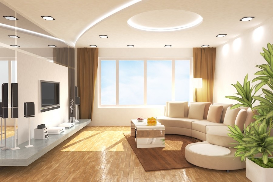 A living room filled with smart devices and entertainment.