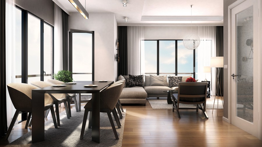 Modern open-floor plan living and dining room with a grey color scheme.