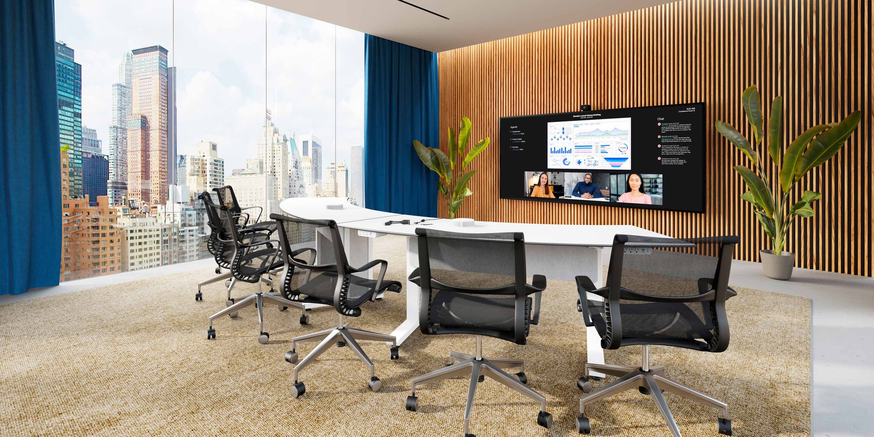 conference room with presentation technology and blue curtains looking out at a city